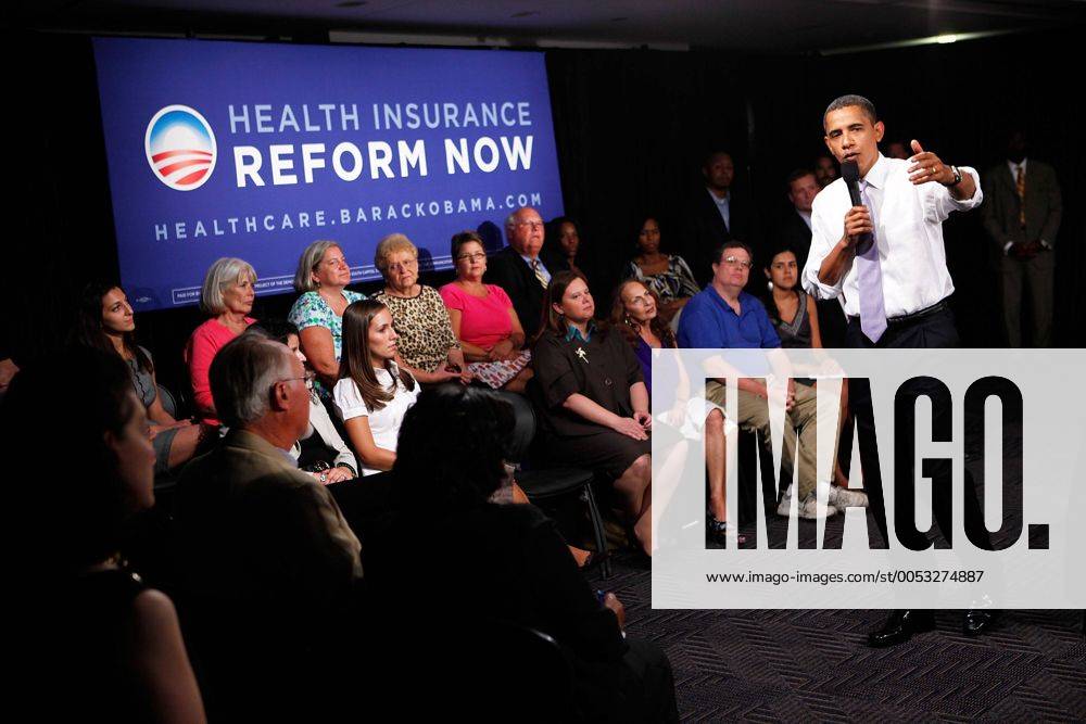 U.S. President Barack Obama speaks during a town hall meeting on healthcare at the headquarters of the Democratic National Committee August 20, 2009 in Washington. UPI Alex Wong Pool Obama Attends Forum For Supporters Of National Health Care Reform WAX20090820718
