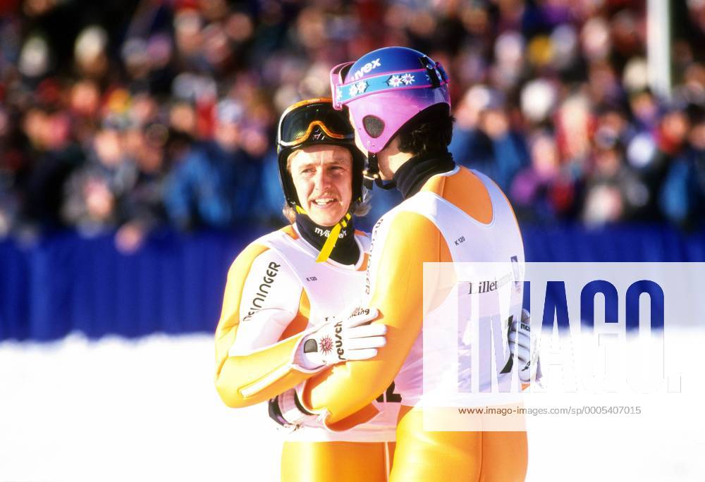 Jens Weißflog (li.) und Hansjörg Jäkle (beide Deutschland) Skispringen OS Winter Herren Olympische Spiele 1994, Winterspiele, Ski Nordisch, Skisport Gruppe Lillehammer