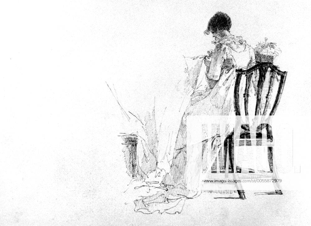 Probably Jesse Harden making a gown in 1804 (ref. Jane Austen) ©TopFoto Mono Print !AUFNAHMEDATUM GESCHÄTZT! UnitedArchives1062156