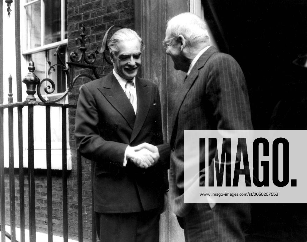 Mr John Foster Dulles, US Secretary of State, is shown shaking hands with Sir Anthony Eden on steps of No 10 Downing St afte Mr Dulles went there today to bid farewell after attending the Suez Canal Conference 24th August 1956 UnitedArchives01011133