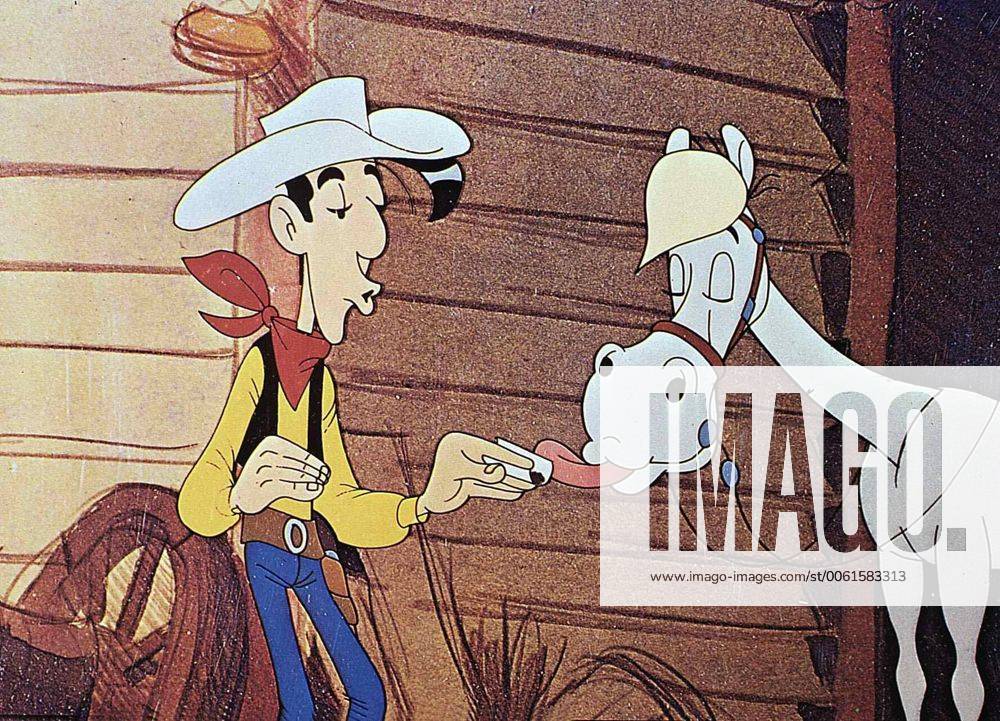 Lucky Luke, Jolly Jumper Gemeinsam mit seinem treuen Pferd Jolly Jumper gelingt es Lucky Luke, die gefuerchteten Dalton-Brueder aus der Stadt zu jagen. 1971 UnitedArchives01352673