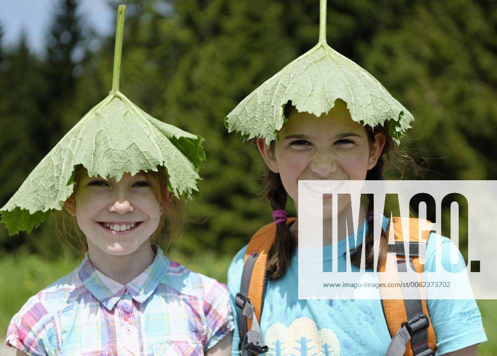 IMAGO Creative, Jahreszeit Sommer, Sonnenschutz Two girls hiking and wearing a big leaf on their head, Coltsfoot (Tussilago farfara) model released LB000256