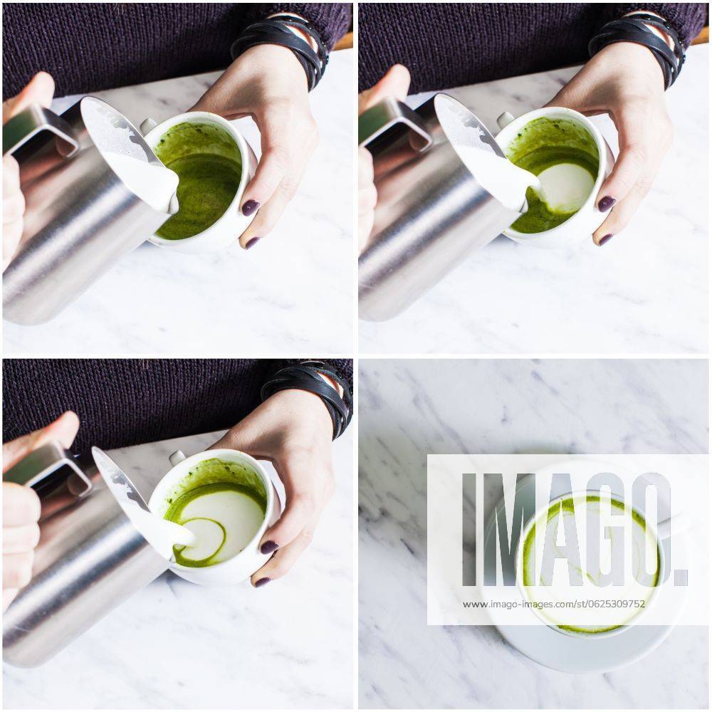 Set of making matcha tea cappuccino. Set of pouring milk in matcha tea cup for make latte art of flower shape ,model released, Symbolfoto; setzen des machend matcha Tee cappucchino setzen des einschenkend Milch in matcha Tee Tasse für machen latte Kunst des Blume Gestalt ,model released, Symbolfoto ING_33849_24496 RECORD DATE NOT STATED