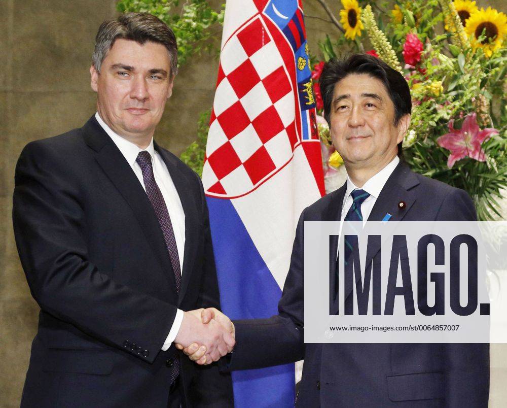 PM Abe meets with Croatian counterpart Japanese Prime Minister Shinzo Abe (R) shakes hands with Croatian Prime Minister Zoran Milanovic prior to their official meeting in Tokyo on June 17, 2015. Japan hopes to strengthen economic ties with Croatia and the European Union, of which Croatia is the most recent member.