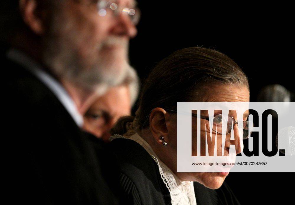 IMAGO ICONS: Ruth Bader Ginsburg Aug. 18, 2011 - Carlsbad, California, USA - August 18, 2011, Carlsbad, California, USA 2011 Ninth Circuit Judicial Conference at La Costa- U.S. Supreme Court Associate Justice Ruth Bader Ginsburg presides over a reenactment of the 1872 court case Bradwell v. Illinois where married Myra Bradwell was found qualified to practice law but denied admission to the Bar by the Supreme Court of Illinois. On the Judge panel with her are Judge Sidney R. Thomas, at left, and Judge Richard R. Clifton, behind her. Photo - ZUMAs44_