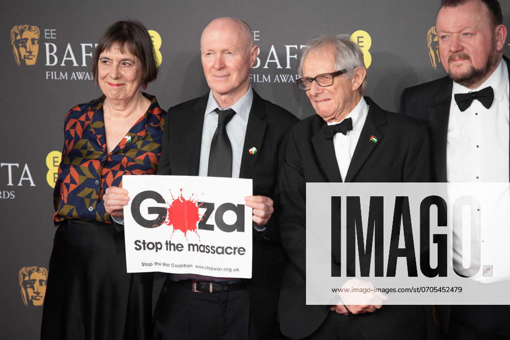 EE BAFTA Film Awards 2024 - Royal Festival Hall, Southbank, London (L-R) - Rebecca O Brien, Paul Laverty and Ken Loach attends the EE BAFTA Film Awards 2024 at Royal Festival Hall, Southbank in London, England, UK on Sunday 18 February, 2024.,