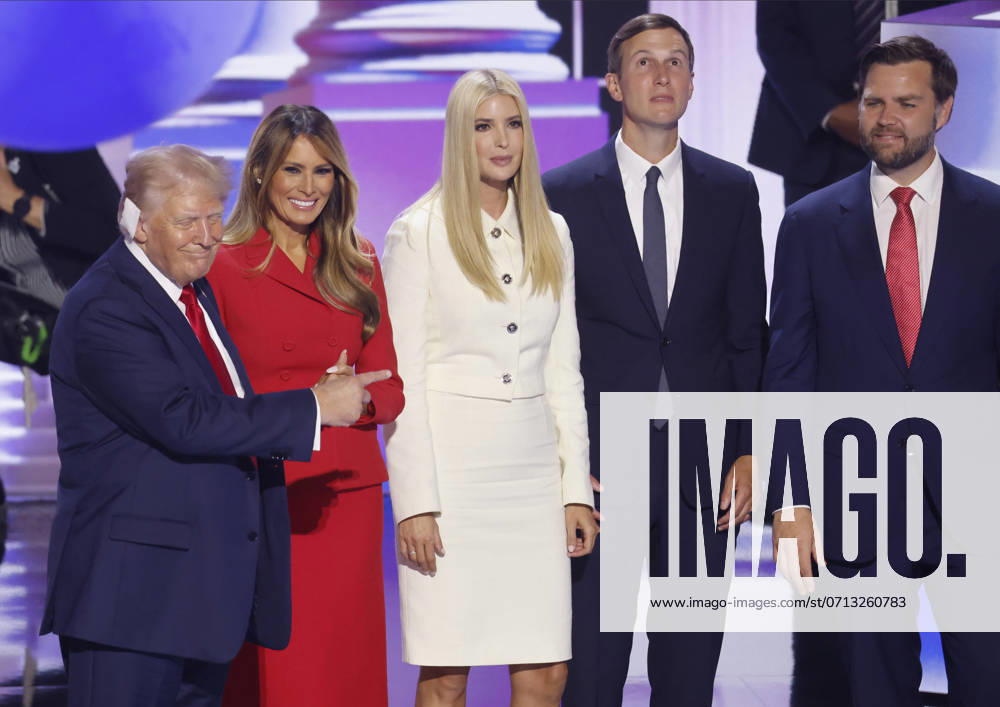 Republican Presidential nominee and former President Donald Trump, his wife Melania stand on the stage with daughter Ivanka Trump and her husband Jared Kushner, and Republican Vice Presidential nominee Sen. JD Vance at the close of the 2024 Republican National Convention at Fiserv Forum in Milwaukee, Wisconsin on Thursday, July 18, 2024. MIL20240718935 TANNENxMAURY