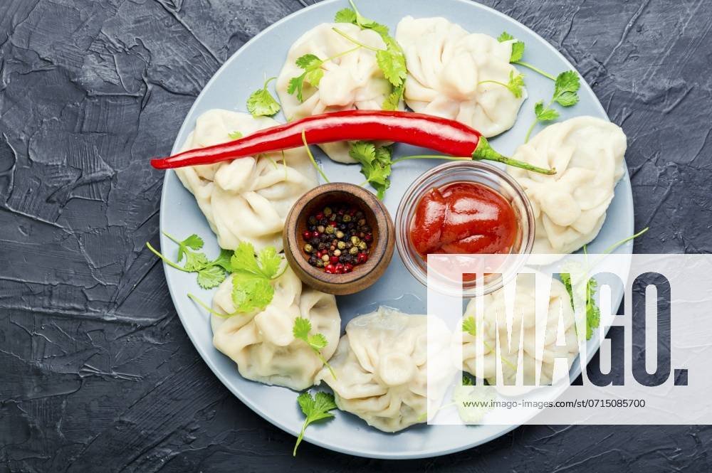 IMAGO Creative, Food, Dumplings Georgian dumplings khinkali with greens and tomato sauce.Georgian cuisine. Traditional Khinkali with meat ,model released, Symbolfoto