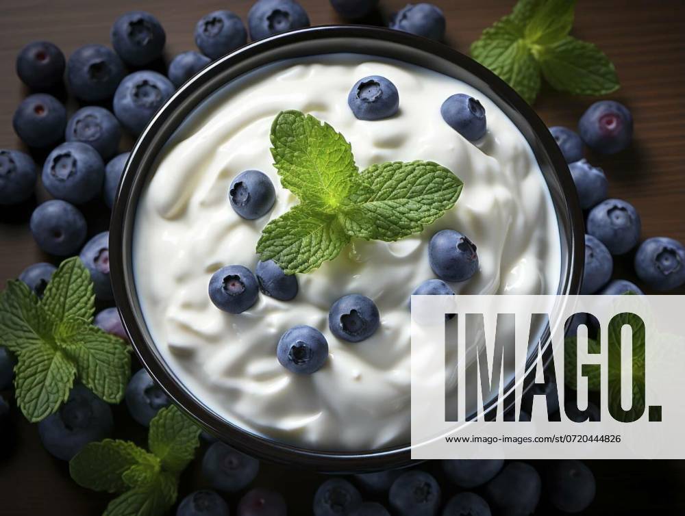 Bowl with yogurt and blueberries on table, top view, Bowl with yogurt and blueberries on table, top view, Bowl with yogurt and blueberries on table, top view, 08.10.2023,
