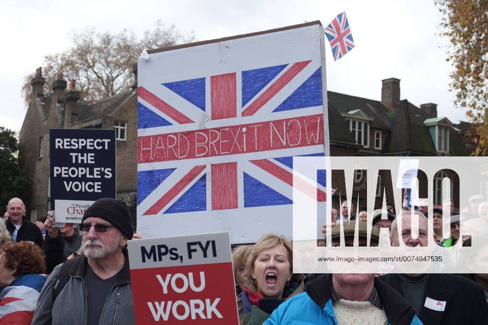 London, England, United Kingdom - Pro-Brexit demonstrators wave Union Jack flags as they protest outside the Houses of Parliament on November 23, 2016 in London, England. British Prime Minister Theresa May has said that she will not delay triggering article 50, the formal process of leaving the European Union, but wants to avoid a cliff edge London United Kingdom - ZUMAn230 20161123_zaa_n230_078