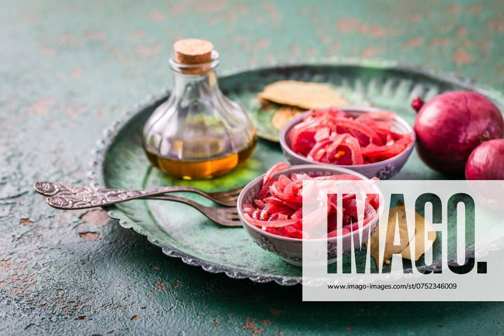 IMAGO Creative, Food, Pickled Onions Homemade pickled sliced red onions with ingredients, Homemade pickled sliced red onions with ingredients, Homemade pickled sliced red onions with ingredients, 31.10.2023,