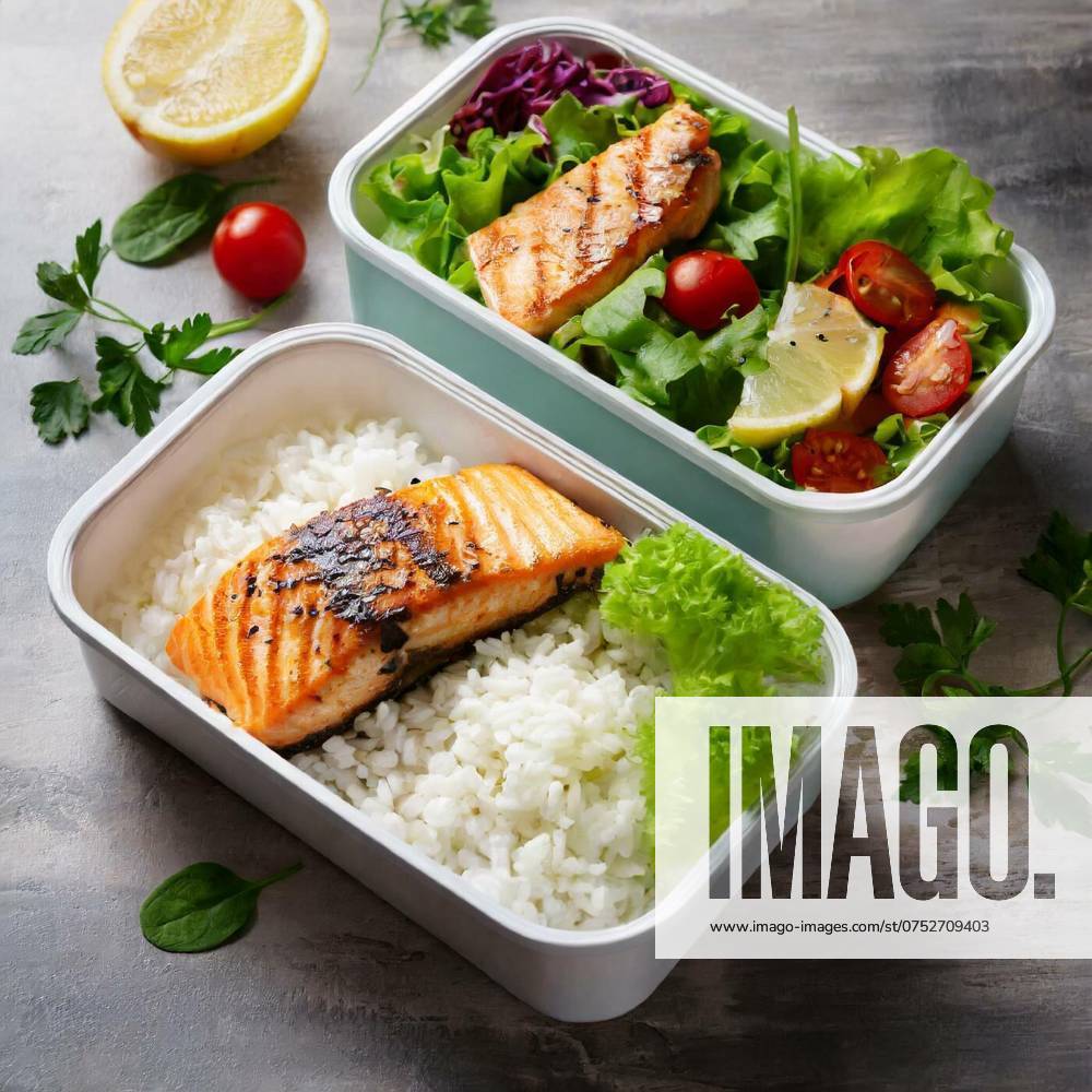 IMAGO Creative, Food, Trend, Meal Prep Lunch box with grilled salmon fillet, rice and salad, Lunch box with grilled salmon fillet, rice and salad., Lunch box with grilled salmon fillet, rice and salad., 29.11.2023,