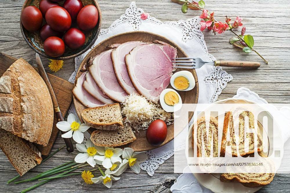 Easter meal, Easter traditional food with ham, eggs and bread. Holidays background. Easter table with all sorts of delicious delicatessen ready for an Easter meal., Easter traditional food with ham, eggs and bread. Holidays background. Easter table with all sorts of delicious delicatessen ready for an Easter meal., 19.02.2024,