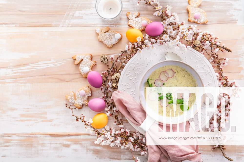 Vegetable soup with zucchini, cauliflower and radish for Easter with colorful eggs, Vegetable soup with zucchini, cauliflower and radish for Easter with colorful eggs, Vegetable soup with zucchini, cauliflower and radish for Easter with colorful eggs, 22.03.2024,