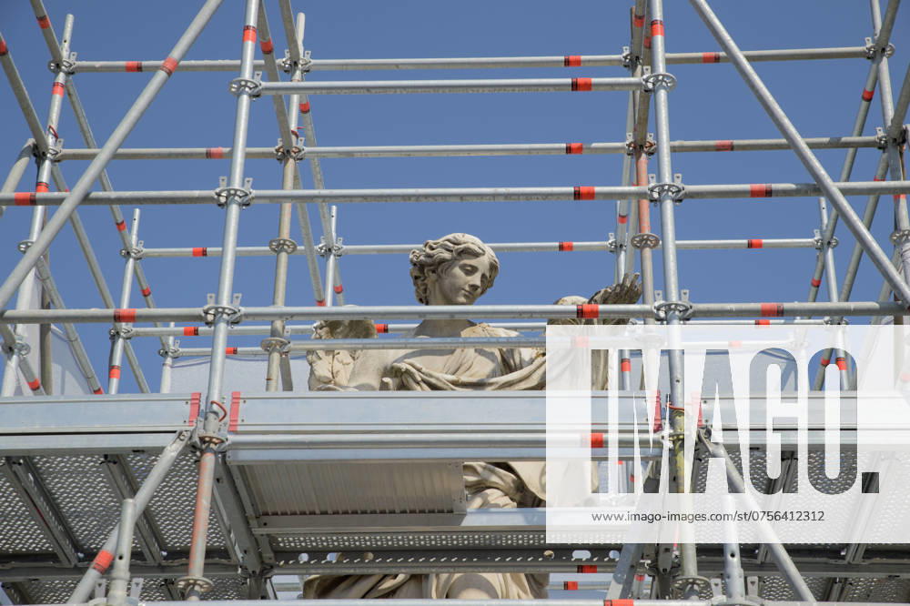 One of the statues on Ponte Sant Angelo surrounded by scaffolding to allow for its restoration in Rome.Restoration activities on the Statues of Ponte SantÃ¢â‚¬â ¢Angelo have begun in Rome with the aim of preserving and protecting the monuments by disinfecting surfaces, removing unwanted deposits, cleaning, sealing cracks, replacing damaged parts, and applying protective products. Rome Italy - ZUMAv147 20240821_zip_v147_012