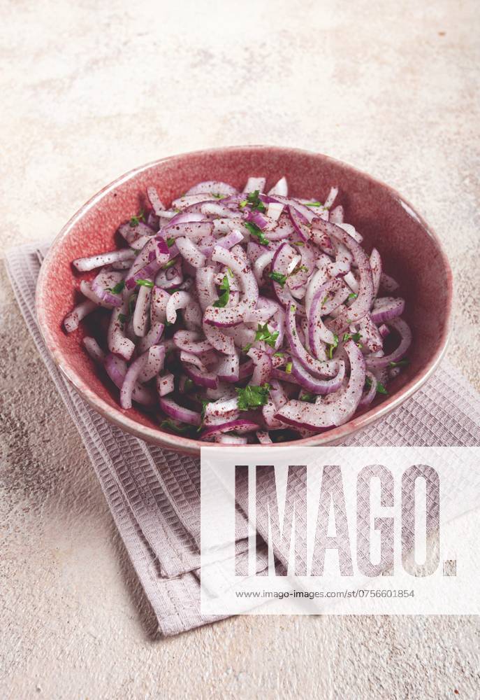 IMAGO Creative, Food, Pickled Onions Gehackte rote Zwiebel, mit Sumach und Kräutern, in einer Schüssel, eingelegte spanische Zwiebel, Nahaufnahme, Draufsicht Chopped red onion, with sumac and herbs, in a bowl, pickled Spanish onion, close-up, top view