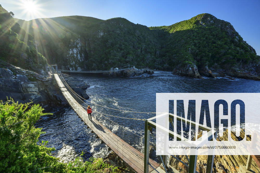 Woman hiking on suspension bridge over river at sunny day in Eastern Cape, South Africa model released, Symbolfoto, ANSF01118