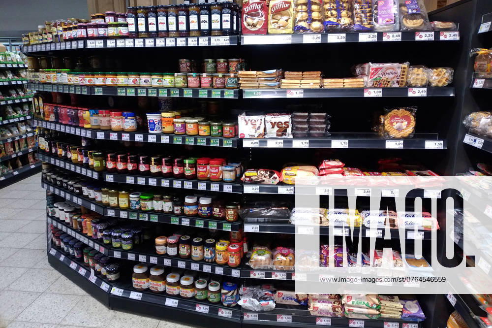 Shelf in the supermarket Marmalade Pastries Spread Nutella Shelves in the supermarket Penny Shelf in the supermarket