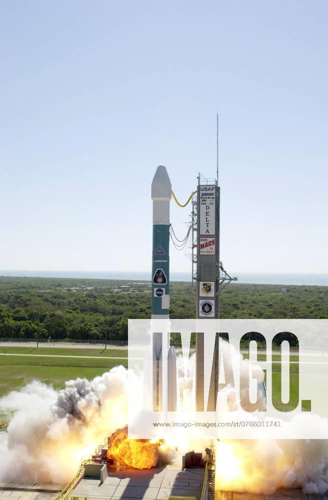 The Boeing Delta II rocket carrying the 2001 Mars Odyssey spacecraft blasts into the clear blue sky from Launch Complex 17-A at Cape Canaveral Air Force Station. Liftoff occurred at 11 02 a.m. EDT. The launch sends the Mars Odyssey on an approximate 7-month journey to orbit the planet Mars. The spacecraft, built by Lockheed Martin Space Systems for the Jet Propulsion Laboratory, will map the Martian surface looking for geological features that could indicate the presence of water, now or in the past. Science gathered by three science instruments on board will be key to future missions to Mars, including orbital reconnaissance, lander and human missions