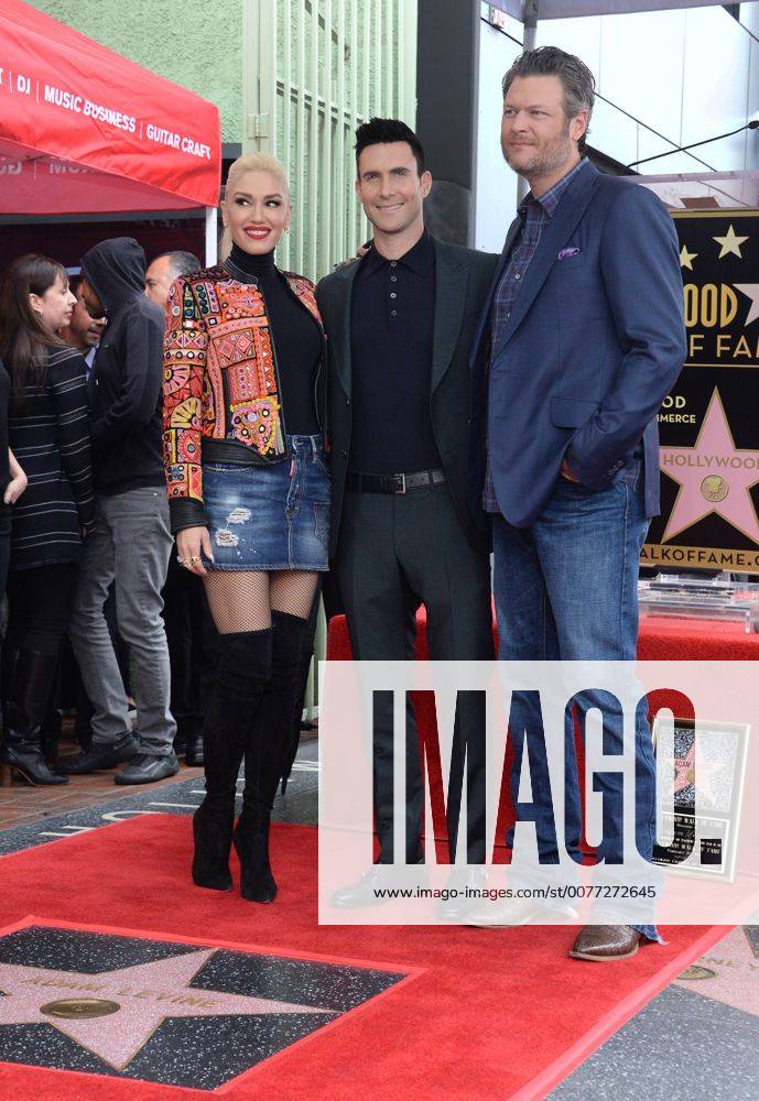 Singer and songwriter Adam Levine (C) is joined by singers Gwen Stefani and Blake Shelton during a ceremony honoring him with the 2,061st star on the Hollywood Walk of Fame in Los Angeles on February 10, 2017. LAP2017021012 JIMxRUYMEN