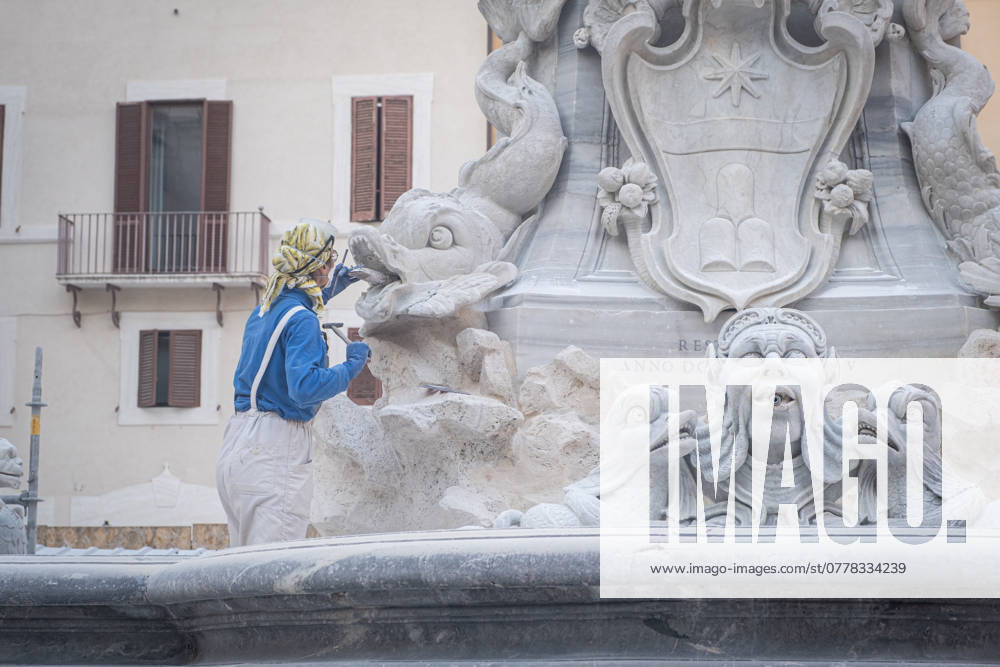 Rome gets ready for Jubilee 2025 A restorer carefully cleans the fountain in the Pantheon of Agrippa. Rome is preparing for the Jubilee Year 2025 by carrying out improvement and conditioning work on some of its monuments. Rome Italy