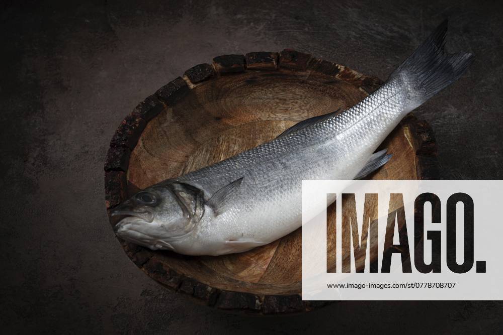 Frischer, roher Wolfsbarsch, in einer Holzplatte, Ansicht von oben, ohne Personen Fresh, raw sea bass fish, in a wooden plate, top view, no people
