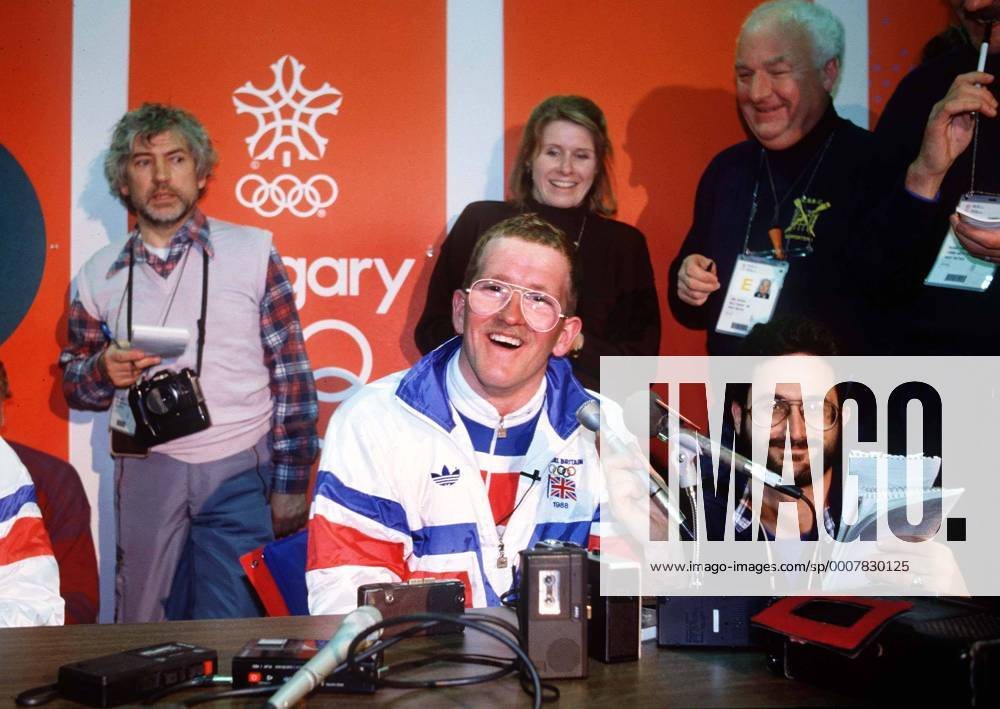 Eddie (The Eagle) Edwards (GBR).Press Conference. Ski Jumping. Winter Olympics 1988. Calgary. o0 Ski Skisport Nordisch Skispringen