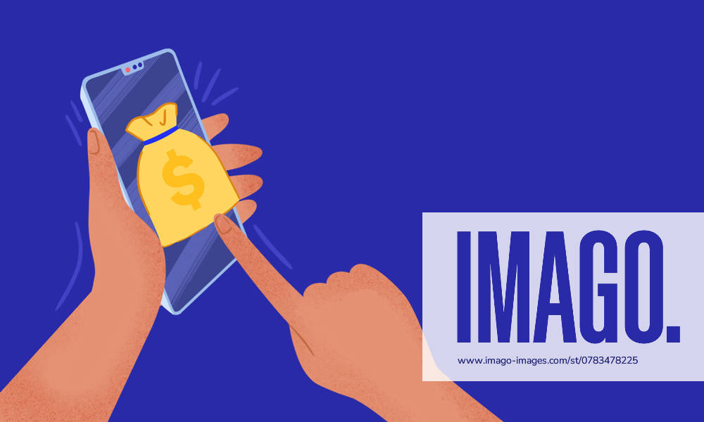 Illustration of hands using a smartphone for digital shopping A finger taps on a screen with a money bag icon, symbolizing online payment and modern transactions Model Released ZamaStudio_ID25271_731090_005