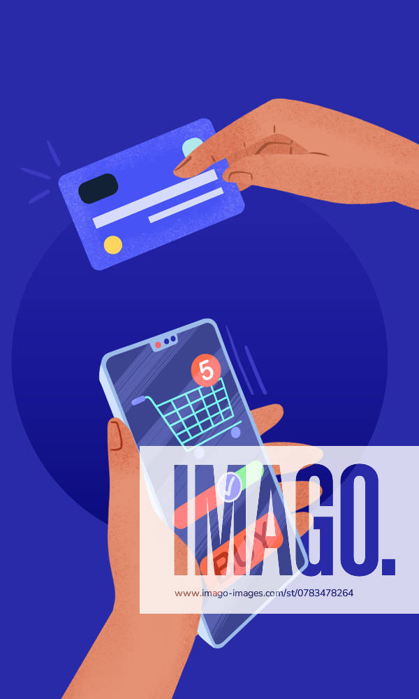 Illustration of online shopping with a smartphone and payment card A hand holds a card ready for purchase, signifying a seamless digital transaction process Model Released ZamaStudio_ID25271_731098_013