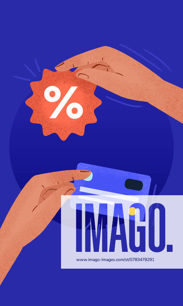 An illustration depicting hands holding a credit card and a discount symbol, emphasizing shopping and savings themes Perfect for marketing and financial materials Model Released ZamaStudio_ID25271_731102_017