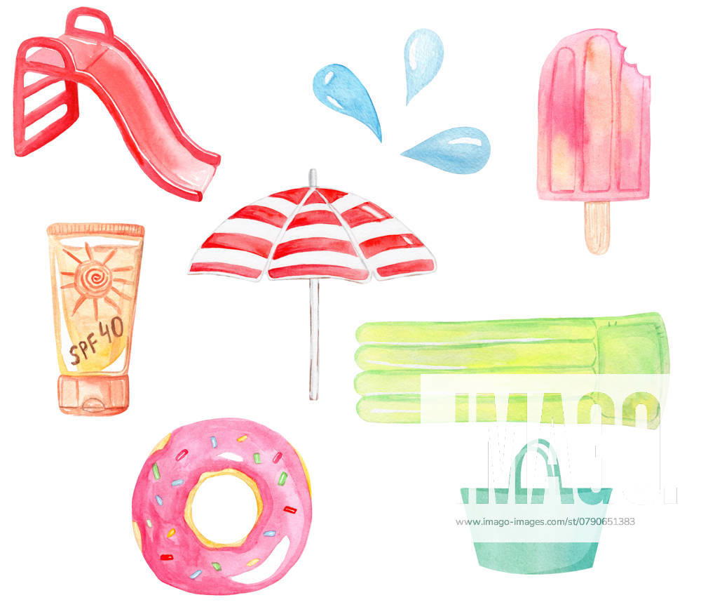 Watercolor hand drawn pool supplies and accessories set isolated on white background for summer party , property released, , 44177136.jpg, accessory, background, bag, beach, blue, collection, cream, design, donut, drops, fashion, float, fun, graphic, green, hand drawn, holiday, ice, icon, illustration, inflatable, invitation, isolated, kids, leisure, mattress, object, orange, party, pink, pool, recreation, red, relax, resort, ring, rubber, sand, sea, set, slide, summer, suntan, swim, travel, tropical, umbrella, vacation, water, watercolor RECORD DATE NOT STATED
