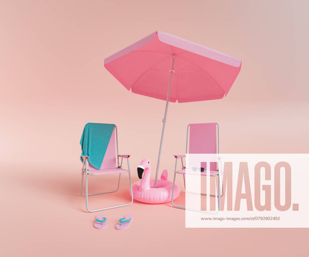 Pink monochromatic scene of two folding chairs with sunshade and a flamingo float in the center on a studio background. 3d rendering , 46771224.jpg, summer, folding, beach chair, umbrella, minimal, background, vacation, flamingo, parasol, beach, summertime, concept, design, accessory, 3d render, protection, relax, monochromatic, object, rest, studio shot, studio, sunshade, flip flops, travel, tropical, deckchair, leisure, illustration, pastel, pink, swimming pool, float, no people, simplicity, sunglasses, towel RECORD DATE NOT STATED