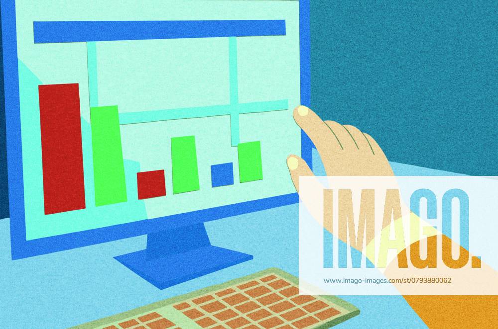 PR_ID25931_10317_IlustraBusiness.jpg A hand interacts with a computer screen displaying colorful bar graphs and line charts, representing data analysis The workspace is simple with a keyboard nearby, indicating business operations, Property released Model Released AdalbertoRodriguez_ID25931_748614_015