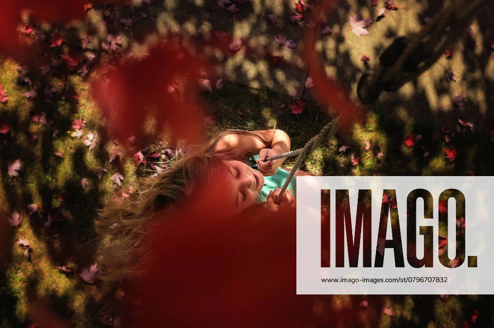 IMAGO Creative, Sommer, Sommertage im Garten From above young girl swinging in tree colorful leaves Wooster, Ohio, United States CR_JOKU250121-1636138-01 ,model released, Symbolfoto
