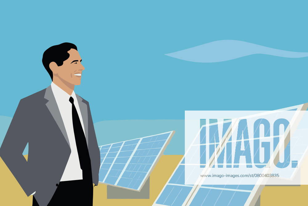 PR_ID26444_10534_BusinessIi.jpg A businessman professional stands proudly with a smile near solar panels, showcasing a commitment to renewable energy during a clear day in an outdoor location., Property released Model Released AdalbertoRodriguez_ID26444_763074_014