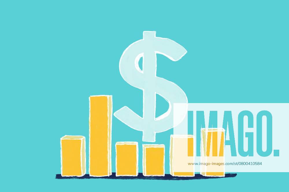 A yellow bar chart with varying heights sits against a teal background, dominated by a large dollar symbol. This illustration symbolizes financial growth and economic progress. Model Released HodeiUnzueta_ID26463_763613_009