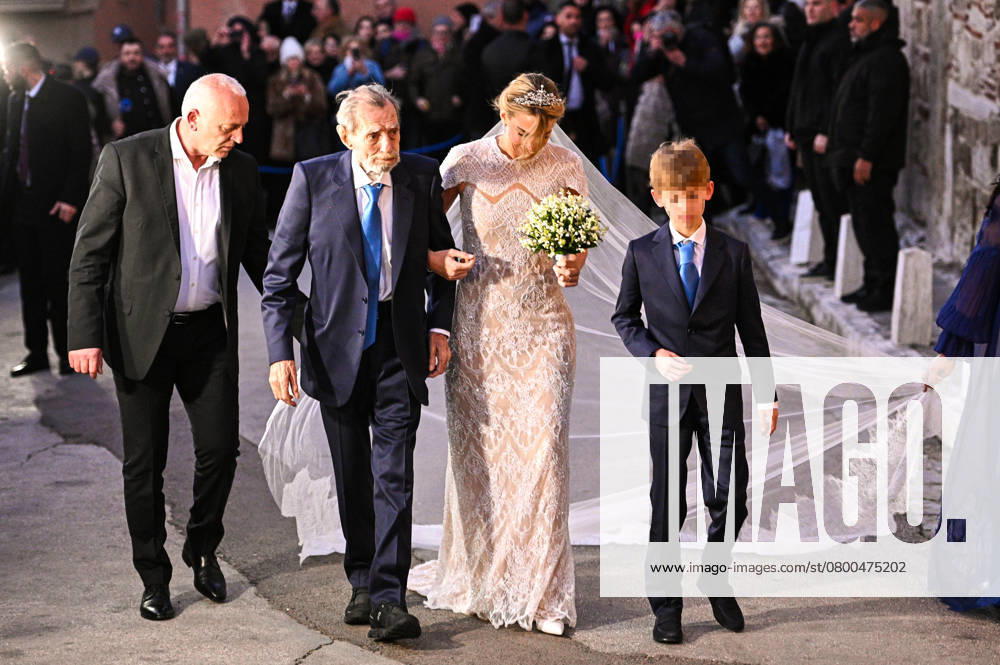 CHRYSI VARDINOGIANNIS arrives with her father GEORGIOS VARDINOGIANNIS at her wedding with Prince NIKOLAOS of Greece with CHRYSI VARDINOGIANNIS, in St. Nicholas Ragavas, in Athens, Greece, on February 7, 2025. Athens Greece - ZUMAk160 20250207_zip_k160_019