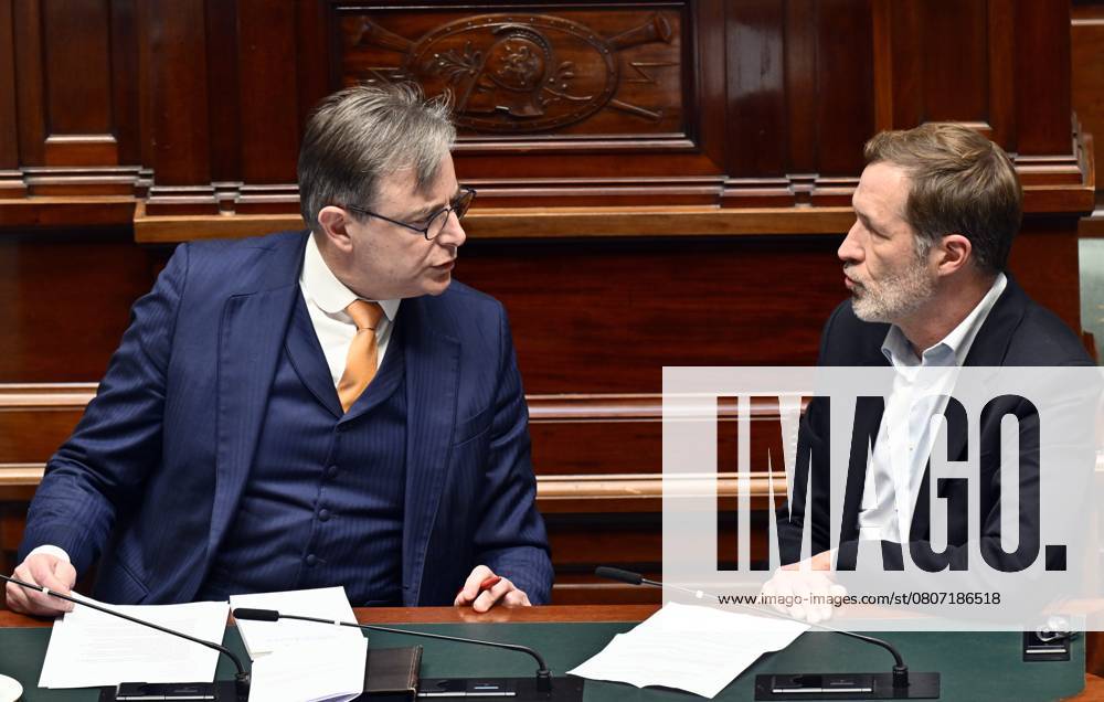 Prime Minister Bart De Wever and PS Paul Magnette pictured during a plenary session of the Chamber at the Federal Parliament in Brussels, Thursday 13 March 2025. ERICxLALMAND 114862020