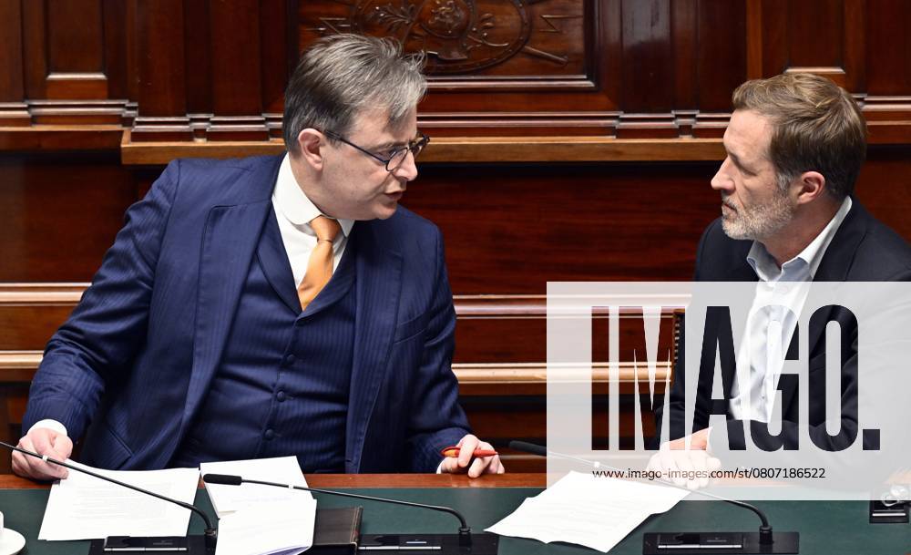 Prime Minister Bart De Wever and PS Paul Magnette pictured during a plenary session of the Chamber at the Federal Parliament in Brussels, Thursday 13 March 2025. ERICxLALMAND 114862021