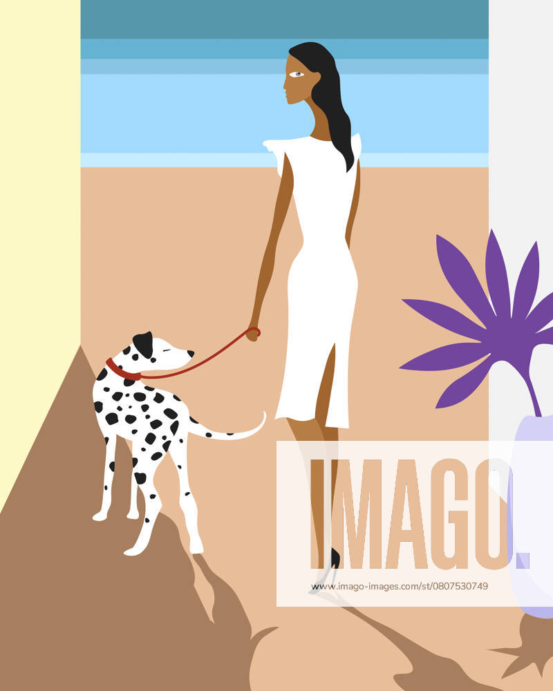 Illustration of a stylish woman walking a Dalmatian on a sunny beach property released, ESAF00100
