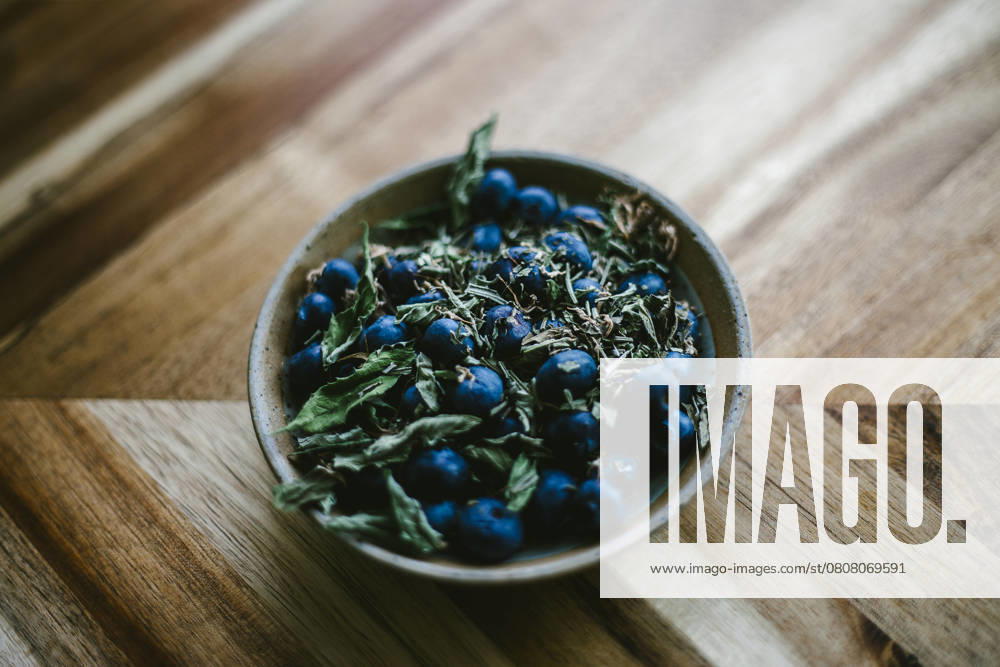 Blueberry and Herbs in a Pottery Bowl Against a Wooden Background United States, Virginia, Front Royal R_NRUH250326A-1691632-01