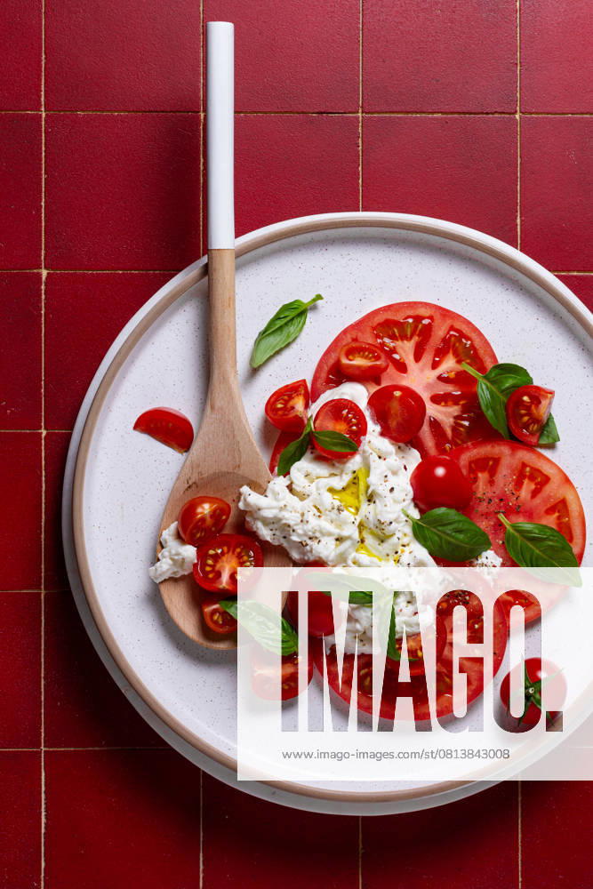 Top view of a beautifully composed caprese salad featuring sliced ripe tomatoes, creamy burrata cheese, and fresh basil leaves, delicately seasoned with olive oil and black pepper. Model Released JuliaKuvaldina_ID27903_801547_001