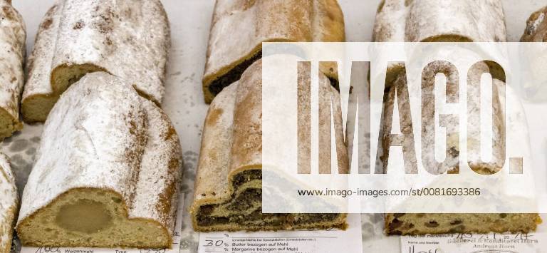 Tunnel test in Western Pomerania which takes traditional tunnel test every year before the start of the advent season in Stralsund instead of the craft bakers from Mecklenburg-Vorpommern Christmas butter and almond Stollen imagine the jury with poppy seeds