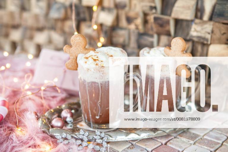 Hot cream chocolate with cream and colourful decoration for Christmas chocolate with whipped hot 1079704639