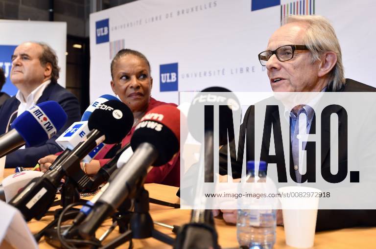 ULB rector Yvon Englert, French former justice minister Christiane Taubira and UK director Ken Loach pictured at a press conference in marge of a ceremony for the Doctor Honoris Causa honorary degrees of the ULB (Universite Libre de Bruxelles) university, Thursday 26 April 2018 in Brussels. ERICxLALMAND 05336647