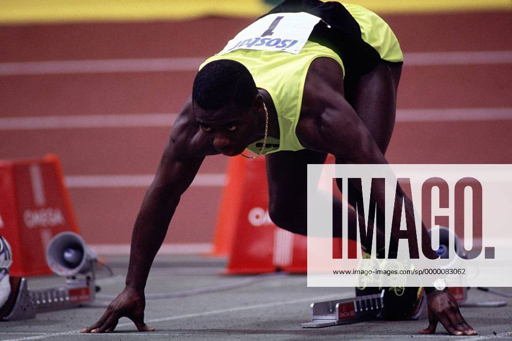 Sprinter Ben Johnson (Kanada) kommt aus dem Startblock Leichtathletik Herren Leichtathletikmeeting 1991, Meeting, Sportfest, Sportmeeting, Sprint, 100m-Lauf, Kurzstrecke, 100 m Einzelbild Dynamik, Konzentration,