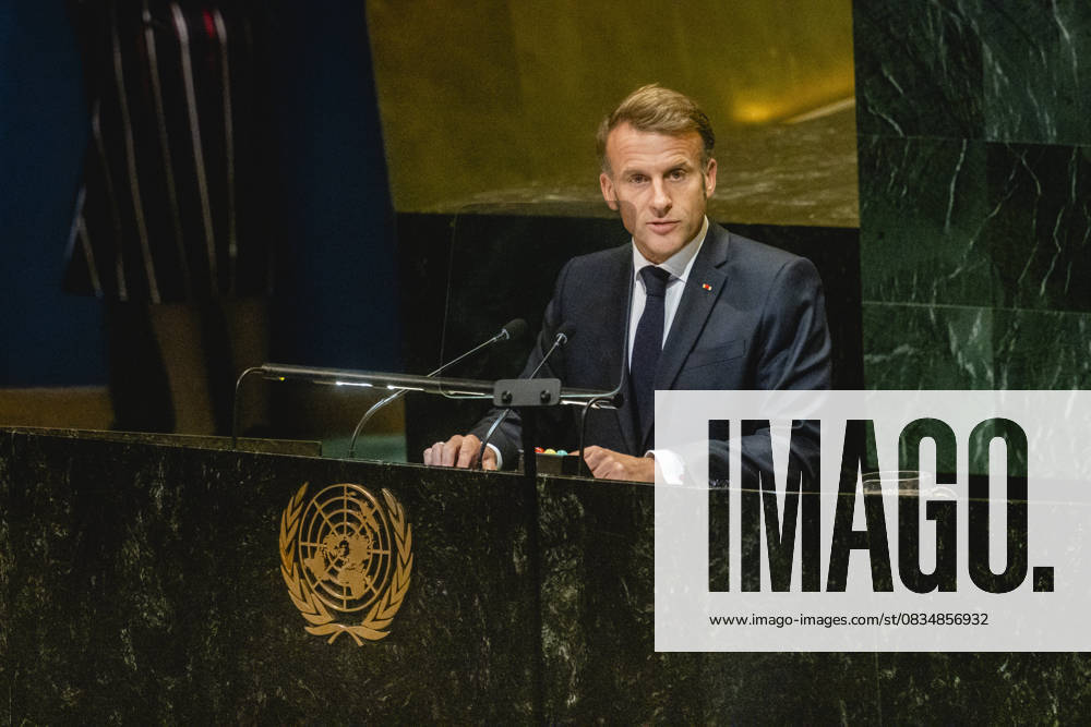 Emmanuel Macron, President of France, delivers opening remarks at the United Nations Two-State Conference in New York City, 22 09 2025 Photographed on behalf of the Department of State New York City United States of America