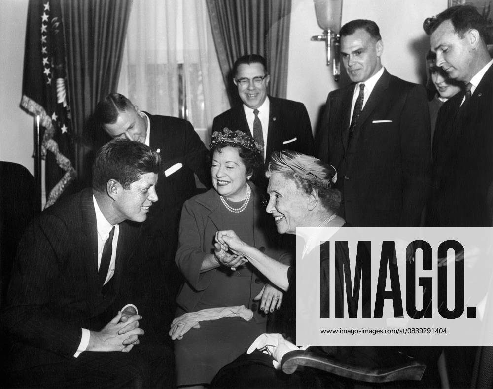 U.S. President John F. Kennedy meeting with Helen Keller (seated right), as her personal secretary Evelyn Seide (seated left) and members of the Lions Clubs International look on, White House, Washington, D.C., USA, Abbie Rowe, White House Photographs