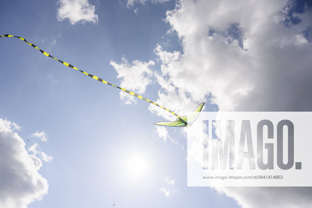 Green kite with long tail flying in blue sky with clouds and sunlight, EYAF03705