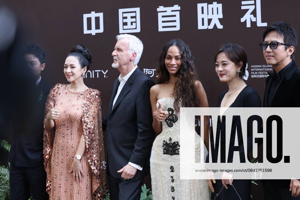 (L-R) Actor Huang Xuan, actress Zhang Ziyi, director James Cameron, American actress Zoe Saldana, actress Susan Sun Li and actor Deng Chao attend the China premiere of film Avatar: Fire and Ash on December 8, 2025 in Sanya, Hainan Province of China.